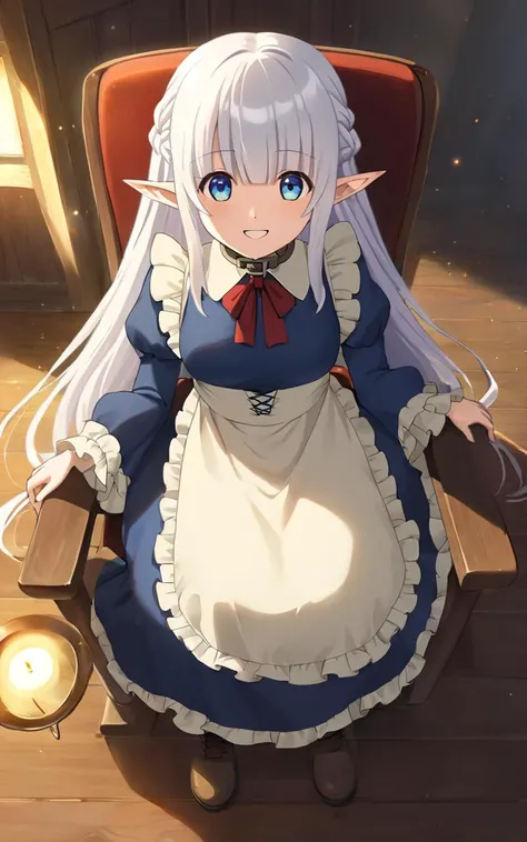 1girl, solo <lora:sdxl-mdm-nephelia:0.6>, nephelia, elf, blue eyes, pointy ears, white hair, very long hair, bangs, hair red bow, braid, medium breasts, chain, metal collar, frilled, indigo blue maid dress, long sleeves, puffy sleeves, long ivory apron, long dress, lace trim, brown long lace-up boots, smile :o , +++ Sitting, simple chair ,from above, looking afar, Wormfs Eye View, contrapposto, dynamic pose, cinematic lighting, Delighted, daytime, strong light, glare, coming in light, rays light, sparkles, lens flare, caustics, golden hour, mystic ice, Candlelight