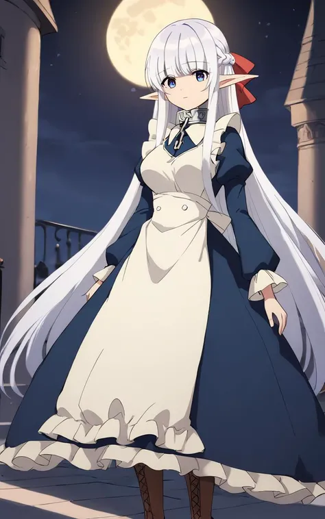 score_9, score_8_up, source_anime, 1girl, solo <lora:sdxl-mdm-nephelia-pony:0.8>, nephelia, elf, blue eyes, pointy ears, white hair, very long hair, bangs, hair red bow, braid, medium breasts, chain, metal collar +++ , frilled, indigo blue maid dress, long sleeves, puffy sleeves, long ivory apron, long dress, lace trim, brown long lace-up boots +++ pupils sparkling, Aristocratic mansion entrance chandelier, Portrait-on-wall , Gothic Tower, nighttime, night, serenity, perfect shadow, deep shadows, bokeh, depth of field half moon, shadow night,