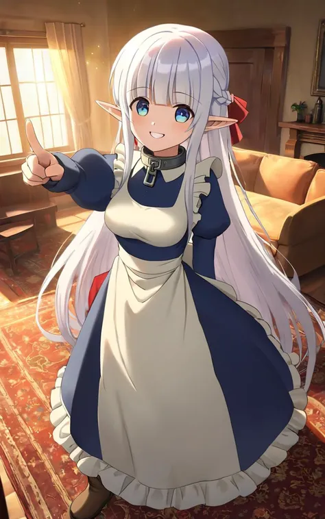 1girl, solo <lora:sdxl-mdm-nephelia:0.7>, nephelia, elf, blue eyes, pointy ears, white hair, very long hair, bangs, hair red bow, braid, medium breasts, chain, metal collar, frilled, indigo blue maid dress, long sleeves, puffy sleeves, long ivory apron, long dress, lace trim, brown long lace-up boots, smile :o , +++ pointing ,hip view, looking at another, High Angle, contrapposto, dynamic pose, cinematic lighting, smile, (troubled eyebrows:0.6), daytime, strong light, glare, coming in light, rays light, sparkles, lens flare, caustics, golden hour, living room, sofa, Dining table, chairs, carpet, fireplace, ornamental foliage