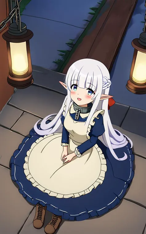 1girl, solo <lora:sdxl-mdm-nephelia:0.7>, nephelia, elf, blue eyes, pointy ears, white hair, very long hair, bangs, hair red bow, braid, medium breasts, chain, metal collar, frilled, indigo blue maid dress, long sleeves, puffy sleeves, long ivory apron, long dress, lace trim, brown long lace-up boots, smile :o, nighttime, night, Gaslight, moon light, sight light, perfect darkness, perfect shadow, head tilt, look up to, from above sitting, cinematic lighting, Blushing, Fairy Kingdom, Incandescent Light