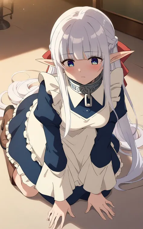 score_9, score_8_up, source_anime, 1girl, solo <lora:sdxl-mdm-nephelia-pony:0.7>, nephelia, elf, blue eyes, pointy ears, white hair, very long hair, bangs, hair red bow, braid, medium breasts, chain, metal collar, frilled, indigo blue maid dress, long sleeves, puffy sleeves, long ivory apron, long dress, lace trim, brown long lace-up boots, smile :o, nighttime, night, Gaslight, moon light, sight light, perfect darkness, perfect shadow, head tilt, look up to, from above sitting, cinematic lighting, Blushing, Fairy Kingdom, Incandescent Light