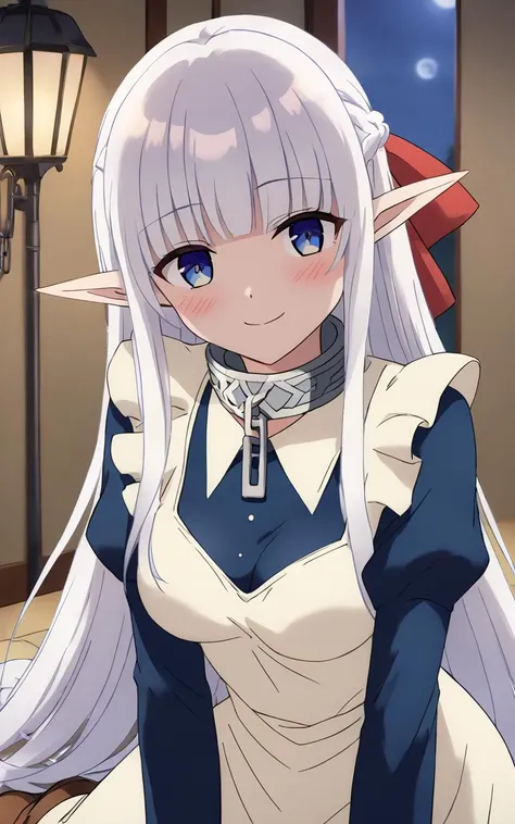 1girl, solo <lora:sdxl-mdm-nephelia-pony:0.8>, nephelia, elf, blue eyes, pointy ears, white hair, very long hair, bangs, hair red bow, braid, medium breasts, chain, metal collar +++ , frilled, indigo blue maid dress, long sleeves, puffy sleeves, long ivory apron, long dress, lace trim, brown long lace-up boots +++ squinting eyes, smile, +++ nighttime, night, Gaslight, moon light, sight light, perfect darkness, perfect shadow, arm at side, head tilt ,hip focus, look up to, wide shot from above sitting, contrapposto, dynamic pose, cinematic lighting, Blushing, Fairy Kingdom, Incandescent Light