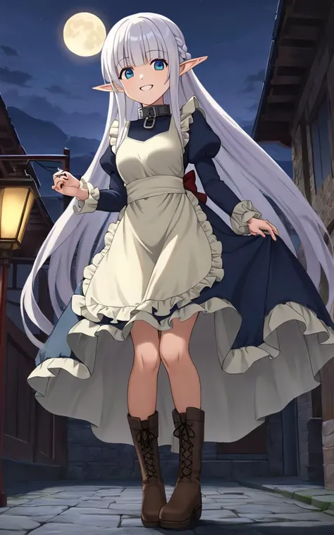 1girl, solo <lora:sdxl-mdm-nephelia:0.6>, nephelia, elf, blue eyes, pointy ears, white hair, very long hair, bangs, hair red bow, braid, medium breasts, chain, metal collar, frilled, indigo blue maid dress, long sleeves, puffy sleeves, long ivory apron, long dress, lace trim, brown long lace-up boots, smile :o , +++ Tapping foot to a rhythm ,toward the buttocks, look up to, face to tiptoe, contrapposto, dynamic pose, cinematic lighting, smirk, nighttime, night, Gaslight, moon light, sight light, perfect darkness, perfect shadow, Angelic Hideaway, Incandescent Light