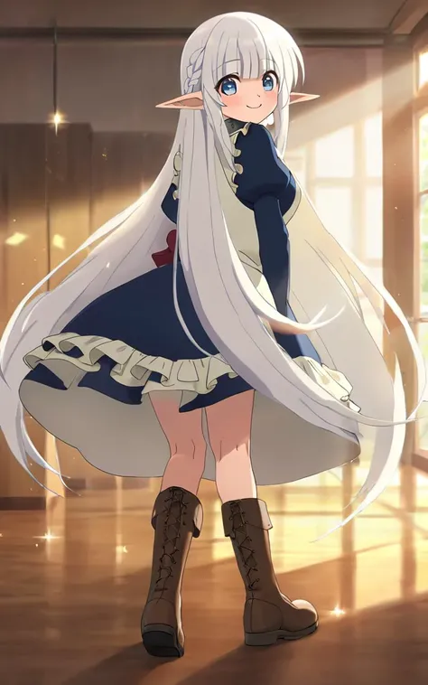 1girl, solo <lora:sdxl-mdm-nephelia:0.7>, nephelia, elf, blue eyes, pointy ears, white hair, very long hair, bangs, hair red bow, braid, medium breasts, chain, metal collar, frilled, indigo blue maid dress, long sleeves, puffy sleeves, long ivory apron, long dress, lace trim, brown long lace-up boots, smile :o , +++ shake one's buttocks, looking back ,on back, looking away, face to tiptoe, contrapposto, dynamic pose, cinematic lighting, Bashful, daytime, strong light, glare, coming in light, rays light, sparkles, lens flare, caustics, golden hour, , extremely quality extremely detailed, illustration, cute anime face