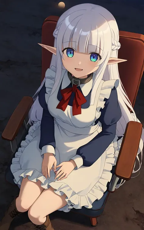 1girl, solo <lora:sdxl-mdm-nephelia:0.6>, nephelia, elf, blue eyes, pointy ears, white hair, very long hair, bangs, hair red bow, braid, medium breasts, chain, metal collar, frilled, indigo blue maid dress, long sleeves, puffy sleeves, long ivory apron, long dress, lace trim, brown long lace-up boots, smile Smiling, cover mouth with hands , +++ Sitting, chair ,toward the buttocks, looking up, wide shot from above sitting, contrapposto, dynamic pose, cinematic lighting, Jubilant, nighttime, night, Gaslight, moon light, sight light, perfect darkness, perfect shadow, Wasteland Night, Fluorescent Light