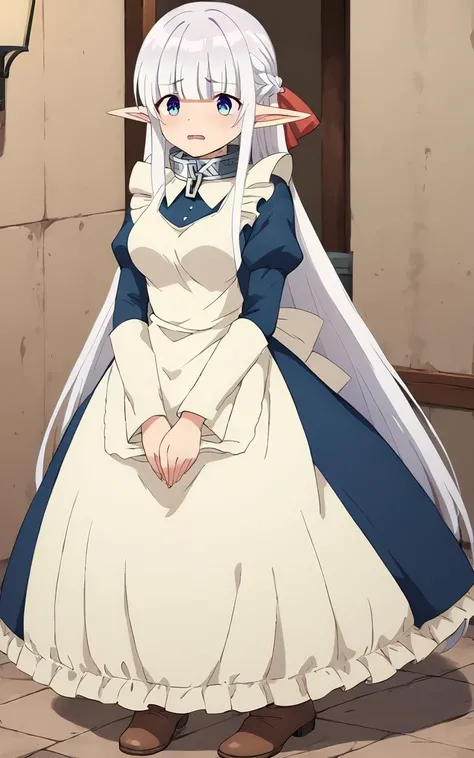 1girl, solo <lora:sdxl-mdm-nephelia-pony:0.8>, nephelia, elf, blue eyes, pointy ears, white hair, very long hair, bangs, hair red bow, braid, medium breasts, chain, metal collar +++ , frilled, indigo blue maid dress, long sleeves, puffy sleeves, long ivory apron, long dress, lace trim, brown long lace-up boots +++ wavy mouth, half opened mouth, score_9, score_8_up, source_anime