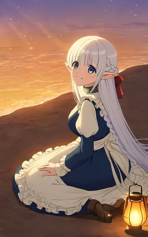 1girl, solo <lora:sdxl-mdm-nephelia:0.7>, nephelia, elf, blue eyes, pointy ears, white hair, very long hair, bangs, hair red bow, braid, medium breasts, chain, metal collar, frilled, indigo blue maid dress, long sleeves, puffy sleeves, long ivory apron, long dress, lace trim, brown long lace-up boots, smile Jubilant , +++ Sitting, indian style ,on back, looking up, face to tiptoe, contrapposto, dynamic pose, cinematic lighting, squinting eyes, smile, daytime, warm light sunset, rays light, sparkles, lens flare, deep shadows, depth of field, peerless, sentimental, deep-sea magic lantern, Candlelight