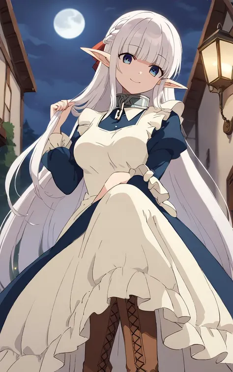 score_9, score_8_up, source_anime, 1girl, solo <lora:sdxl-mdm-nephelia-pony:0.8>, nephelia, elf, blue eyes, pointy ears, white hair, very long hair, bangs, hair red bow, braid, medium breasts, chain, metal collar +++ , frilled, indigo blue maid dress, long sleeves, puffy sleeves, long ivory apron, long dress, lace trim, brown long lace-up boots +++ kind smile, Aristocratic mansion red carpet, stairwell, stairs chandelier , Burnt Forest, nighttime, night, serenity, perfect shadow, deep shadows, bokeh, depth of field half moon, shadow night, , +++ nighttime, night, Gaslight, moon light, sight light, perfect darkness, perfect shadow, holding hair, head-tilt ,from below, looking ahead, upper body, contrapposto, dynamic pose, cinematic lighting, :3
