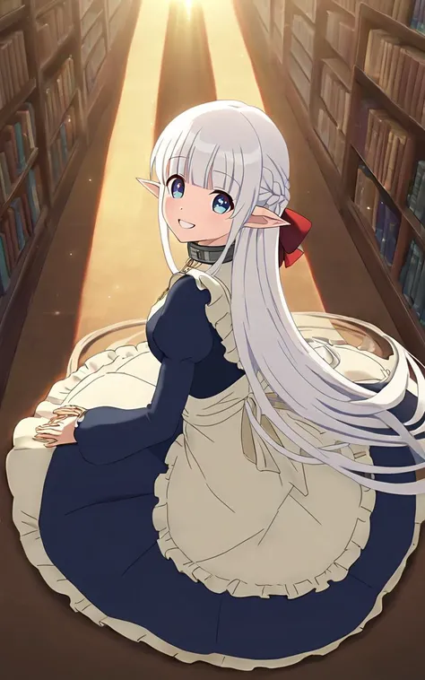 1girl, solo <lora:sdxl-mdm-nephelia:0.7>, nephelia, elf, blue eyes, pointy ears, white hair, very long hair, bangs, hair red bow, braid, medium breasts, chain, metal collar, frilled, indigo blue maid dress, long sleeves, puffy sleeves, long ivory apron, long dress, lace trim, brown long lace-up boots, smile :o , +++ Crouching Placing hand on knee ,, looking back, Aerial Shot, contrapposto, dynamic pose, cinematic lighting, Delighted, daytime, strong light, glare, coming in light, rays light, sparkles, lens flare, caustics, golden hour, library Unique Artistic buckground, lighting melow , extremely quality extremely detailed, illustration, cute anime face
