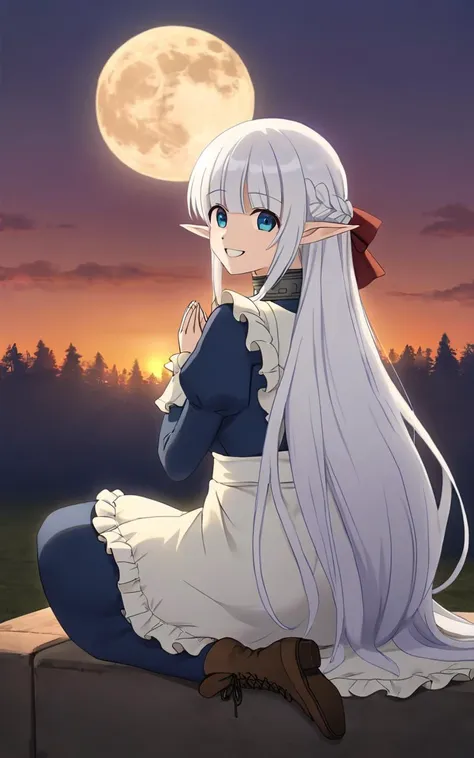 1girl, solo <lora:sdxl-mdm-nephelia:0.7>, nephelia, elf, blue eyes, pointy ears, white hair, very long hair, bangs, hair red bow, braid, medium breasts, chain, metal collar, frilled, indigo blue maid dress, long sleeves, puffy sleeves, long ivory apron, long dress, lace trim, brown long lace-up boots, smile Smiling, cover mouth with hands , +++ Sitting, indian style ,reaching out, looking back, , contrapposto, dynamic pose, cinematic lighting, Smiling, cover mouth with hands, nighttime, night, Gaslight, moon light, sight light, perfect darkness, perfect shadow, sunset crystal, Fluorescent Light