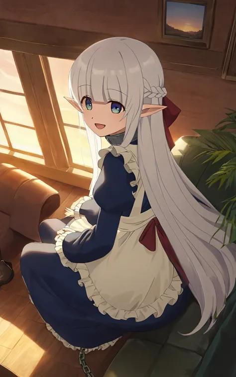 1girl, solo <lora:sdxl-mdm-nephelia:0.7>, nephelia, elf, blue eyes, pointy ears, white hair, very long hair, bangs, hair red bow, braid, medium breasts, chain, metal collar, frilled, indigo blue maid dress, long sleeves, puffy sleeves, long ivory apron, long dress, lace trim, brown long lace-up boots, smile :o , +++ Sitting, stump ,From Up, looking to the side, High Angle, contrapposto, dynamic pose, cinematic lighting, wavy mouth, half opened mouth, daytime, warm light sunset, rays light, sparkles, lens flare, deep shadows, depth of field, peerless, sentimental, curtains, indoors, window, sofa, table, pictue, Vases, houseplants