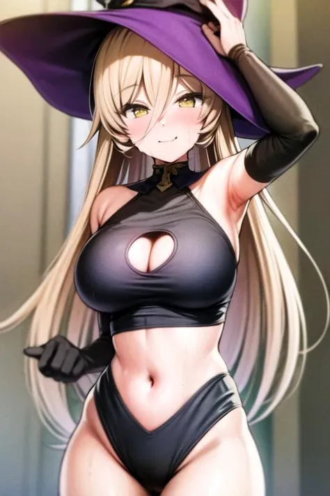 best quality, masterpiece, ultra high res, looking at viewer, cowboy shot, 1girl, Nui Sociere, blonde hair, long hair, yellow eyes, large breasts, armpits, witch hat, navel cutout, black leotard, navel, smile, closed mouth, skin fang, sweat, wet, steam <lora:kanzarin:1>