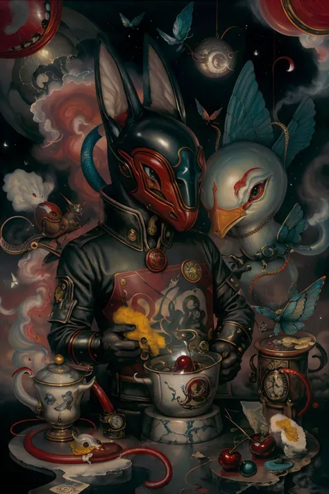 surreal00d, Electric Catfish, Coachwhip Snake, Exact, red smoke, butterfly, moon, mask, colored skin, kettle, King, sponge, cornelian cherry, Celestial Equator, bean curd<lora:surreal00d-000010:1>