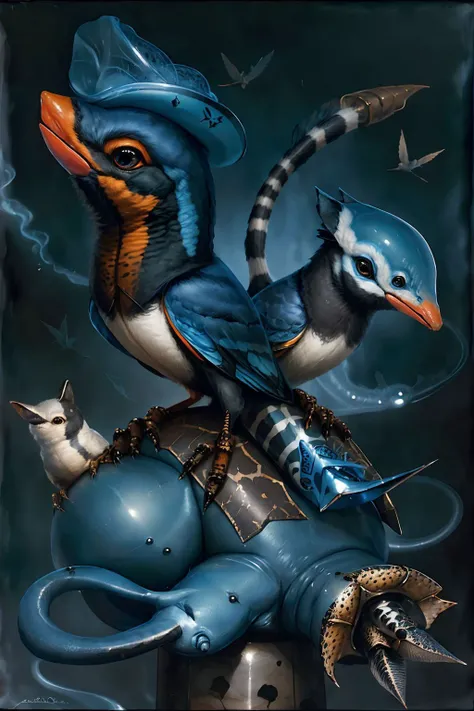 surreal00d, Madagascar Hissing Cockroach, Gila Monster, (deep blue theme:0.7) , Robin, the Robin is Mythical, soft focus, Romantic, highly detailed, <lora:surreal00d-000010:1>
