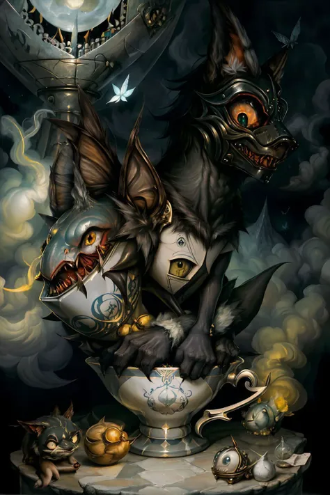 surreal00d, Pygmy Shark, Borador, Complicated, yellow smoke, butterfly, moon, mask, monster girl, colored skin, cup, Werewolf <lora:surreal00d-000010:1>