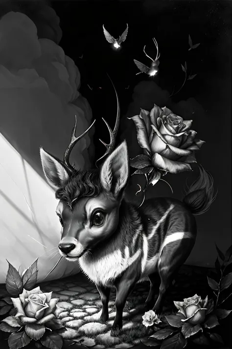 surreal00d, Deer, Gnat, flower field, Jigglypuff, it is charming, split diopter, Indirect light, BW, <lora:surreal00d-000010:1>