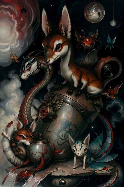 surreal00d, False Widow Spider, Fox Squirrel, Informative,  red smoke,  butterfly, moon,  mask, colored skin, kettle, Dragons, mermaid, hackberry, Space Lab <lora:surreal00d-000010:1>