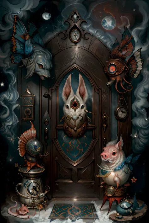 surreal00d, Lionfish, Star-nosed mole, Ornate,  door gate, blue smoke,  butterfly, moon,  mask, colored skin, kettle, wizards, gradient, pigface, Binary Star, arctic char, late, <lora:surreal00d-000010:1>