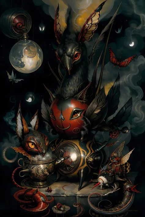 surreal00d, Kinabalu Giant Red Leech, Black Witch Moth, Elaborate, yellow smoke, butterfly, moon, mask, colored skin, kettle, Centaurs, tentacles, <lora:surreal00d-000010:1>