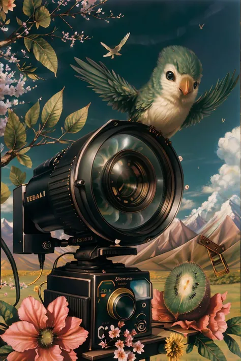 surreal00d, product photo of a Pretty (Kiwi:1.1) , blossoms, Sunny, Very wide view, Energetic, Libertywave, Kodak UltraMax 400, telephoto lens, <lora:surreal00d-000010:1>