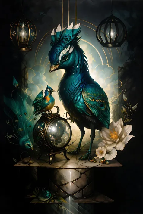 surreal00d, Drawing, fairy tale, Fantasy Peacock with Intecrate metal images, at Overcast, Cel shaded, Hopeless, Bloom light, CMYK Colors, <lora:surreal00d-000010:1>