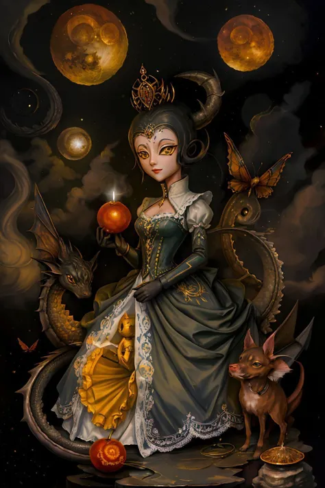 surreal00d, Miniature Pinscher, Walking Catfish, Exact, yellow smoke, butterfly, (full moon:1.3), Feverfew, colored skin, kievan rus architecture, Dragons, prom dress, emphasis lines, passion fruit, Telescope, pork, miserable, <lora:surreal00d-000010:1>