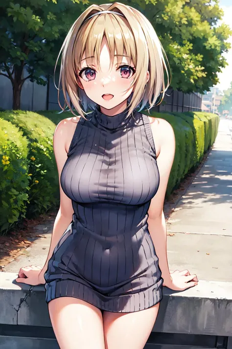masterpiece, best quality, highres, Kushida Kikyou, short hair, hair intakes, white hairband, sweater dress, sleeveless, virgin killer sweater, street,