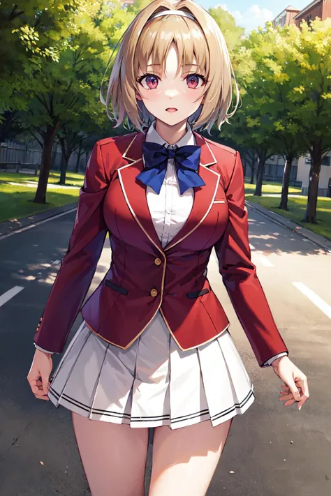 masterpiece, best quality, highres, aakikyo, short hair, hair intakes, white hairband, blue bowtie, collared shirt, blazer, red jacket, long sleeves, white skirt, pleated skirt, black socks, <lora:kushida_kikyo_v1:0.7>, cowboy shot, standing, outdoors, straight-on, arms at sides,