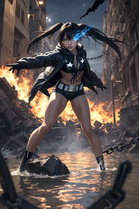 realistic, realistic details, detailed, 1girl,
black_rock_shooter, swimsuit, bikini, bikini top only, flaming eye, midriff, black shorts, belt, scar, chain, ultra long twin tails,jacket,
fighting stance, perspective, blurry background, depth of field, sharp focus, focus on face,( full body:1), looking at viewer, flooded ruins, city ruin , dynamic pose,(dark night:1.8),moon,
<lora:detail_slider_v4:1> <lora:ena_girl:0.3> <lora:black_rock_shooter:0.9>