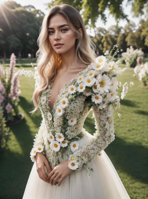 RAW photo, full body shot 1girl, supermodel, posing, beautiful face, long white hair, black long dress made of flowers, complex park background <lora:FlowersFashion:0.7> FlowersFashion, 8k uhd, dslr, soft lighting, high quality, film grain, Fujifilm XT3, (intricate details:0.9), (hdr, hyperdetailed:1.2)