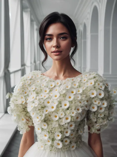 RAW photo, portrait 1girl, supermodel, posing, beautiful face, short black hair, white long dress made of flowers, complex city background <lora:FlowersFashion:0.7> FlowersFashion, 8k uhd, dslr, soft lighting, high quality, film grain, Fujifilm XT3, (intricate details:0.9), (hdr, hyperdetailed:1.2)