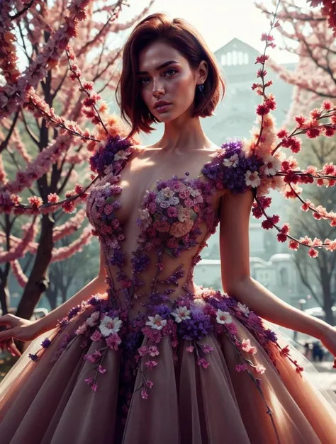 RAW photo, full body shot, 1girl, beautiful face, short red hair, exquisite dress made of violet flowers  <lora:FlowersFashion:0.65>, 8k uhd, dslr, soft lighting, high quality, film grain, Fujifilm XT3, (intricate details:0.9), (hdr, hyperdetailed:1.2)