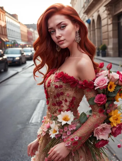 RAW photo, portrait, 1girl, beautiful face, long red hair, exquisite dress made of rose flowers <lora:FlowersFashion:0.65>, 8k uhd, dslr, soft lighting, high quality, film grain, Fujifilm XT3, (intricate details:0.9), (hdr, hyperdetailed:1.2)