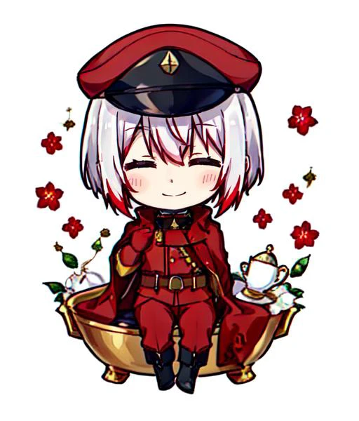 <lora:Saigiku_Jouno:1>, 1boy, male focus, solo, smile, red pants, black boots, closed eyes, military, red military cap, red headwear, white gloves, male focus, white hair with red tips, full body, chibi, teacup, tea, lilies,whipped cream, pastel background, <lora:Qtea_add_sugar-fp16:1>