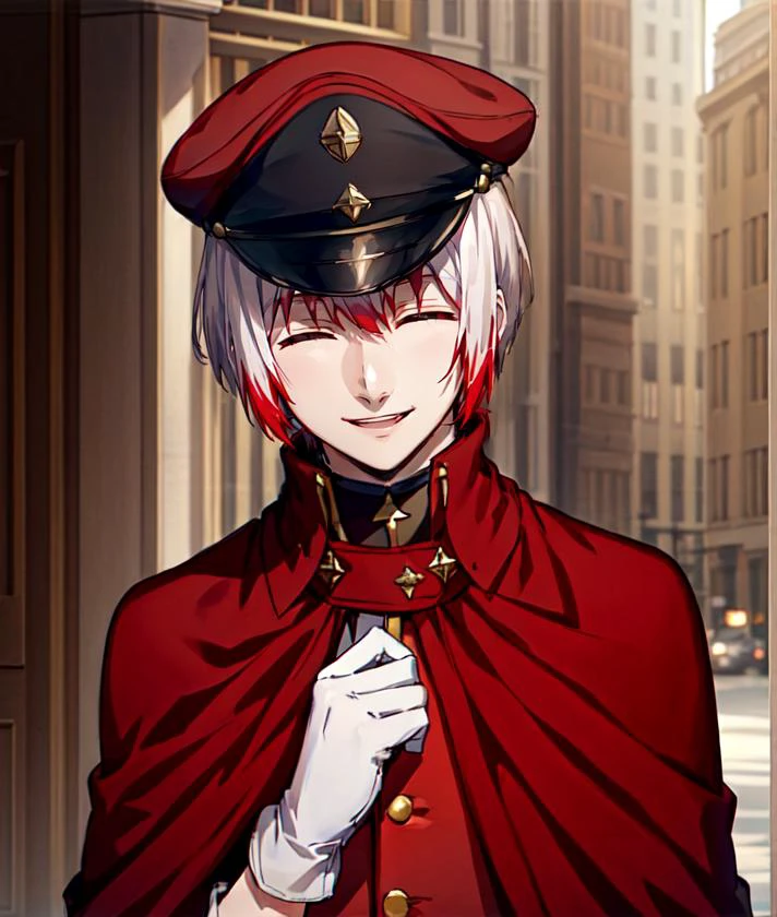 <lora:Saigiku_Jouno:1>, 1boy, male focus, solo, :D, closed eyes, smile, military, red military cap, red headwear, male focus, white hair with red tips, <lora:nikkori_v200:1>