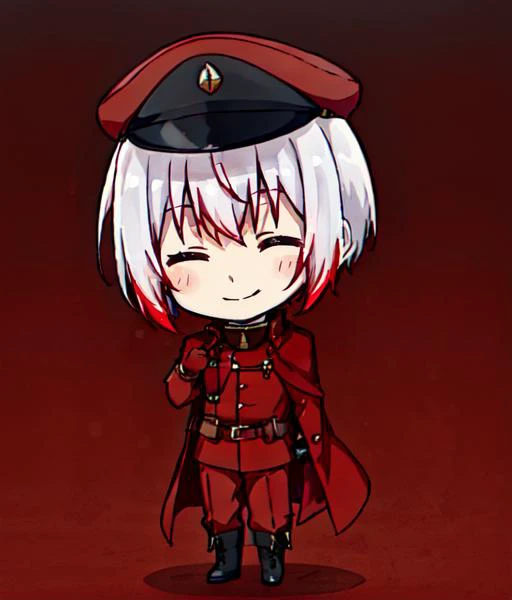 <lora:Saigiku_Jouno:1>, 1boy, male focus, solo, smile, red pants, black boots, closed eyes, military, red military cap, red headwear, white gloves, male focus, white hair with red tips, full body, chibi, red roses, thorns, <lora:Qtea_add_sugar-fp16:1>