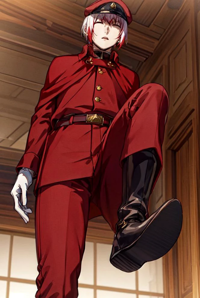 <lora:Saigiku_Jouno:1>, 1boy, male focus, solo, :o, from below, red pants, black boots, closed eyes, military, red military cap, red headwear, white gloves, male focus, white hair with red tips, standing on one leg, looking down, <lora:pose standing one leg up:1>