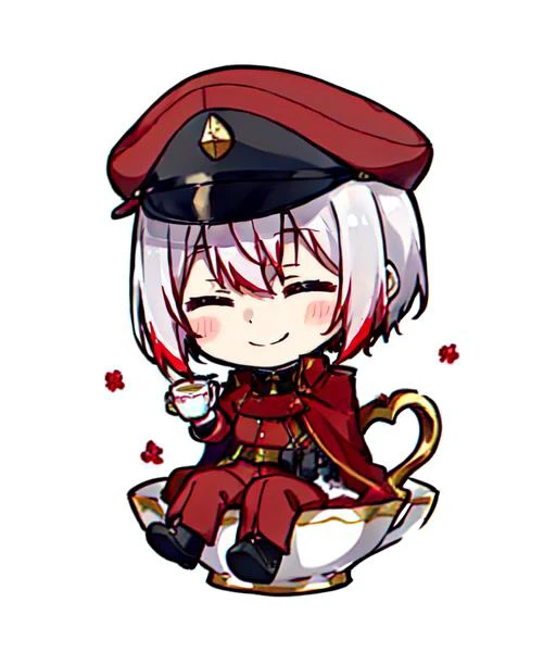 <lora:Saigiku_Jouno:1>, 1boy, male focus, solo, smile, red pants, black boots, closed eyes, military, red military cap, red headwear, white gloves, male focus, white hair with red tips, full body, chibi, teacup, tea, lilies,whipped cream, pastel background, <lora:Qtea_add_sugar-fp16:1>