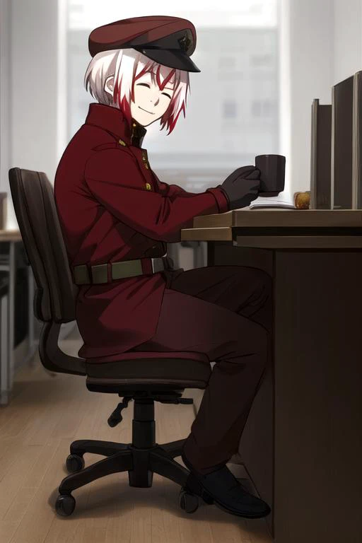 side view, looking at viewer, sitting, chair, desk, tea, 1boy, male focus, solo, smile, closed eyes, military, black gloves, red military cap, red headwear, white hair with red tips, fancy office,
<lora:Saigiku_Jouno:1>