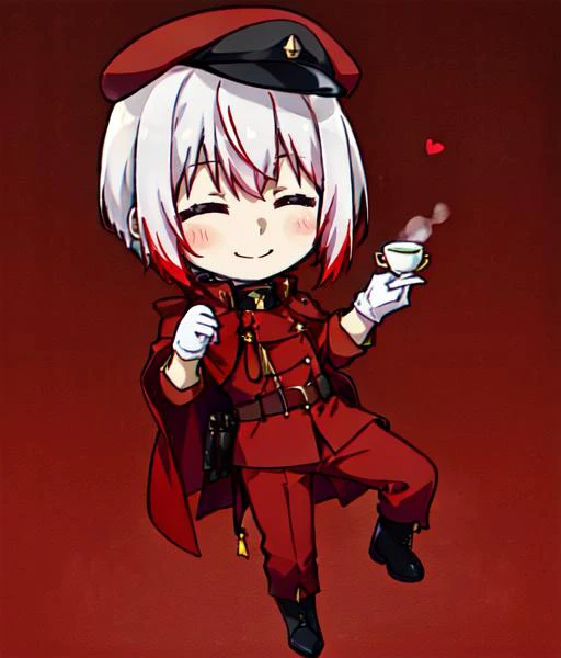 <lora:Saigiku_Jouno:1>, 1boy, male focus, solo, smile, red pants, black boots, closed eyes, military, red military cap, red headwear, white gloves, male focus, white hair with red tips, full body, chibi, teacup, tea, lilies,whipped cream, pastel background, <lora:Qtea_add_sugar-fp16:1>