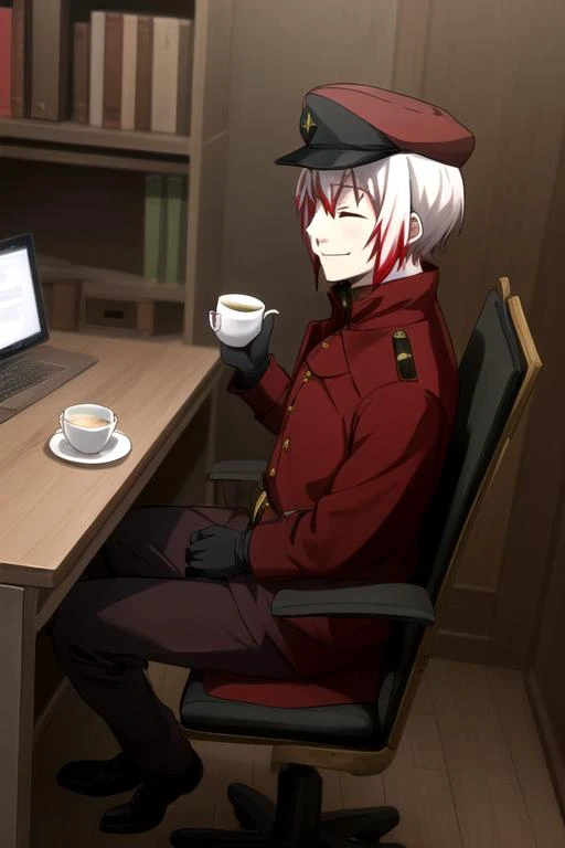 side view, looking at viewer, sitting, chair, desk, tea, 1boy, male focus, solo, smile, closed eyes, military, red military cap, red headwear, black gloves, white hair with red tips, fancy office,
<lora:Saigiku_Jouno:1>