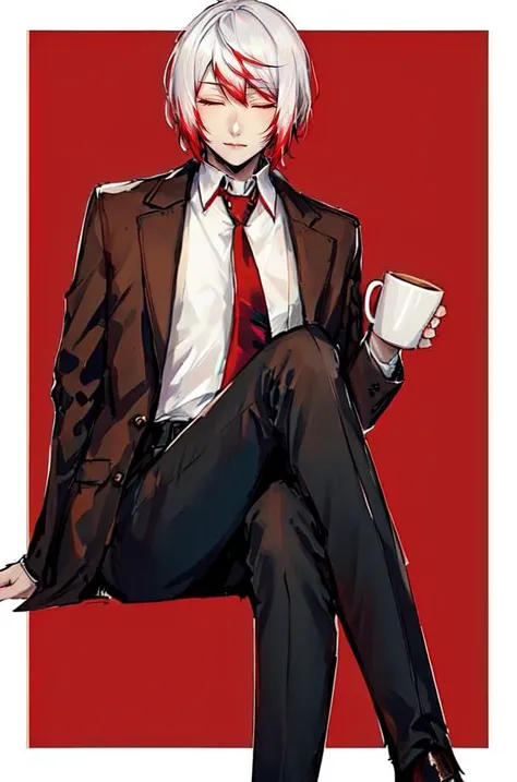 solo, 1boy, black pants,white hair with red tips, closed eyes, border, brown background, closed eyes, coffee, coffee mug, collared shirt, crossed legs, jacket, male focus, necktie, outside border, pants, shirt, short hair, sitting, solo, steam, white border, white shirt, <lora:Jouno_Saigiku_v2:1>,