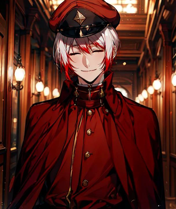 1boy, male focus, solo, smile, (closed mouth:1.2), closed eyes, military, red military cap, red pants, red headwear, white gloves, male focus, white hair with red tips, indoors, depth of field, upper body, <lora:Jouno_Saigiku_v2:1>,