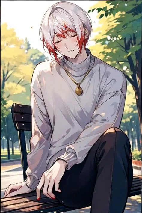 1boy, male focus, solo, parted lips, closed eyes, light blue sweater, leggings, from below, sitting, male focus, white hair with red tips, pastel colors, border, park bench, sun, trees, depth of field, <lora:Jouno_Saigiku_v2:1>,