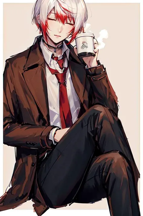 solo, 1boy, black pants,white hair with red tips, closed eyes, border, brown background, closed eyes, coffee, coffee mug, collared shirt, crossed legs, jacket, male focus, necktie, outside border, pants, shirt, short hair, sitting, solo, steam, white border, white shirt, <lora:Jouno_Saigiku_v2:1>,