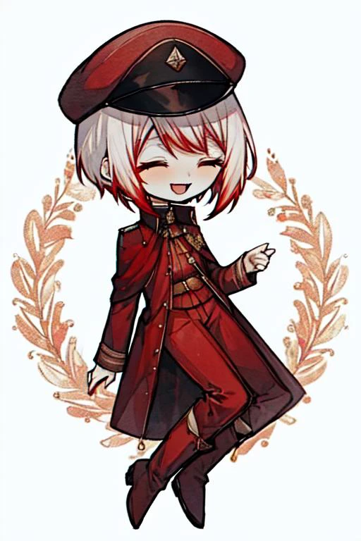 1boy, male focus, solo, smile, :D, closed eyes, military, red military cap, red headwear, male focus, white hair with red tips, red pants, boots, full body, <lora:Jouno_Saigiku_v2:1>, <lora:last:1> chibi