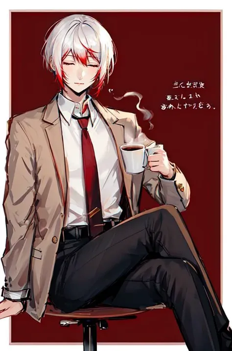 solo, 1boy, black pants,white hair with red tips, closed eyes, border, brown background, closed eyes, coffee, coffee mug, collared shirt, crossed legs, jacket, male focus, necktie, outside border, pants, shirt, short hair, sitting, solo, steam, white border, white shirt, <lora:Jouno_Saigiku_v2:1>,