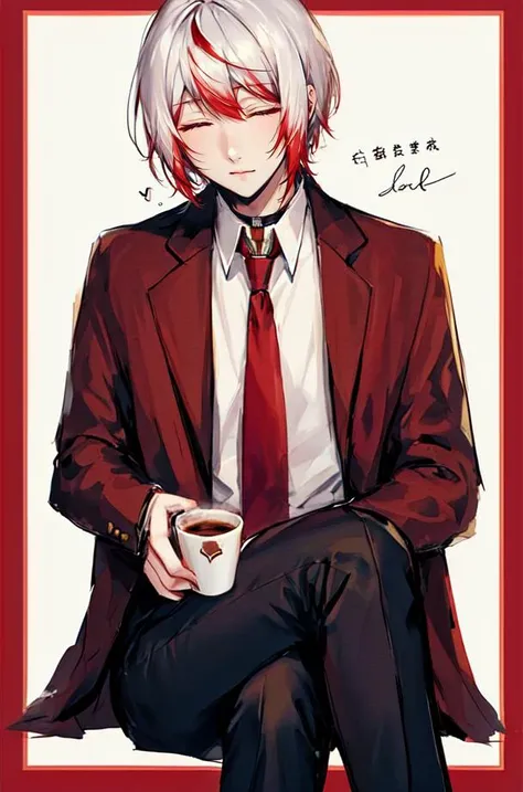 solo, 1boy, black pants,white hair with red tips, closed eyes, border, brown background, closed eyes, coffee, coffee mug, collared shirt, crossed legs, jacket, male focus, necktie, outside border, pants, shirt, short hair, sitting, solo, steam, white border, white shirt, <lora:Jouno_Saigiku_v2:1>,