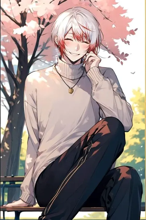 1boy, male focus, solo, smile, closed eyes, light blue sweater, leggings, from below, sitting, male focus, white hair with red tips, pastel colors, border, park bench, sun, trees, depth of field, <lora:Jouno_Saigiku_v2:1>,