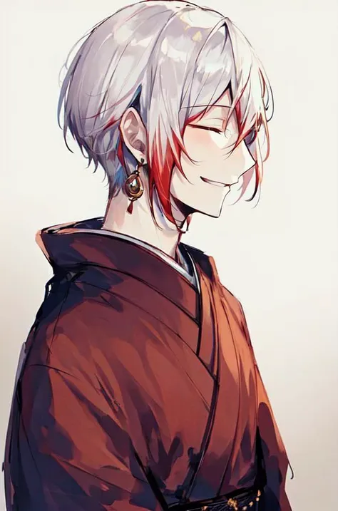 1boy, bangs, closed eyes, white hair with red tips, smile, earrings, from side, gradient, gradient background, grey background, japanese clothes, jewelry, kimono, male focus, profile, short hair, solo, upper body, <lora:Jouno_Saigiku_v2:1>